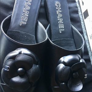 Chanel black lambskin mules